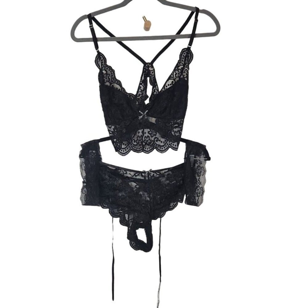 Shein 4 Piece Lingerie Set in Black Floral Lace - Size XL